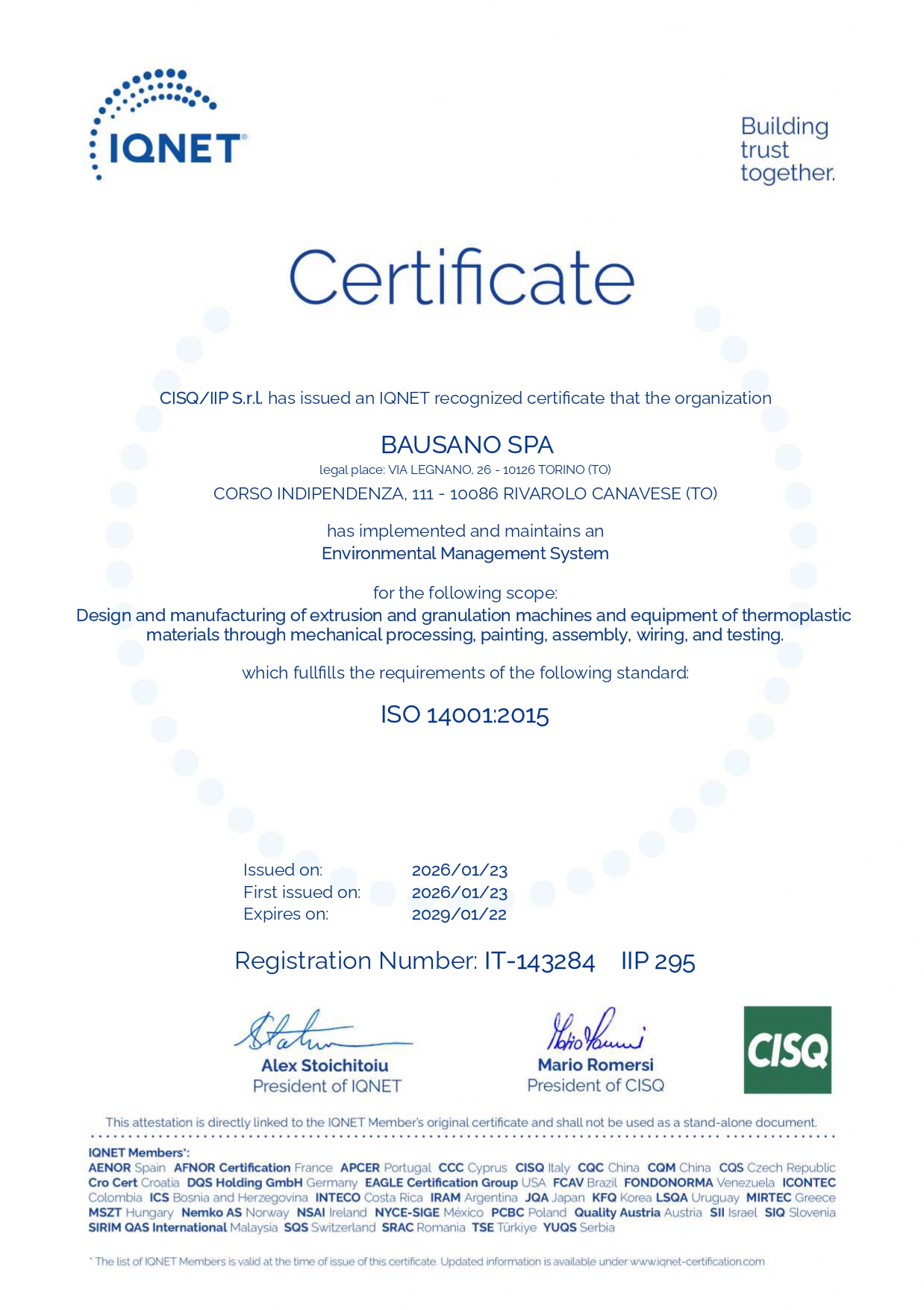 BAUSANO - ISO 14001:2015 (IQNET)