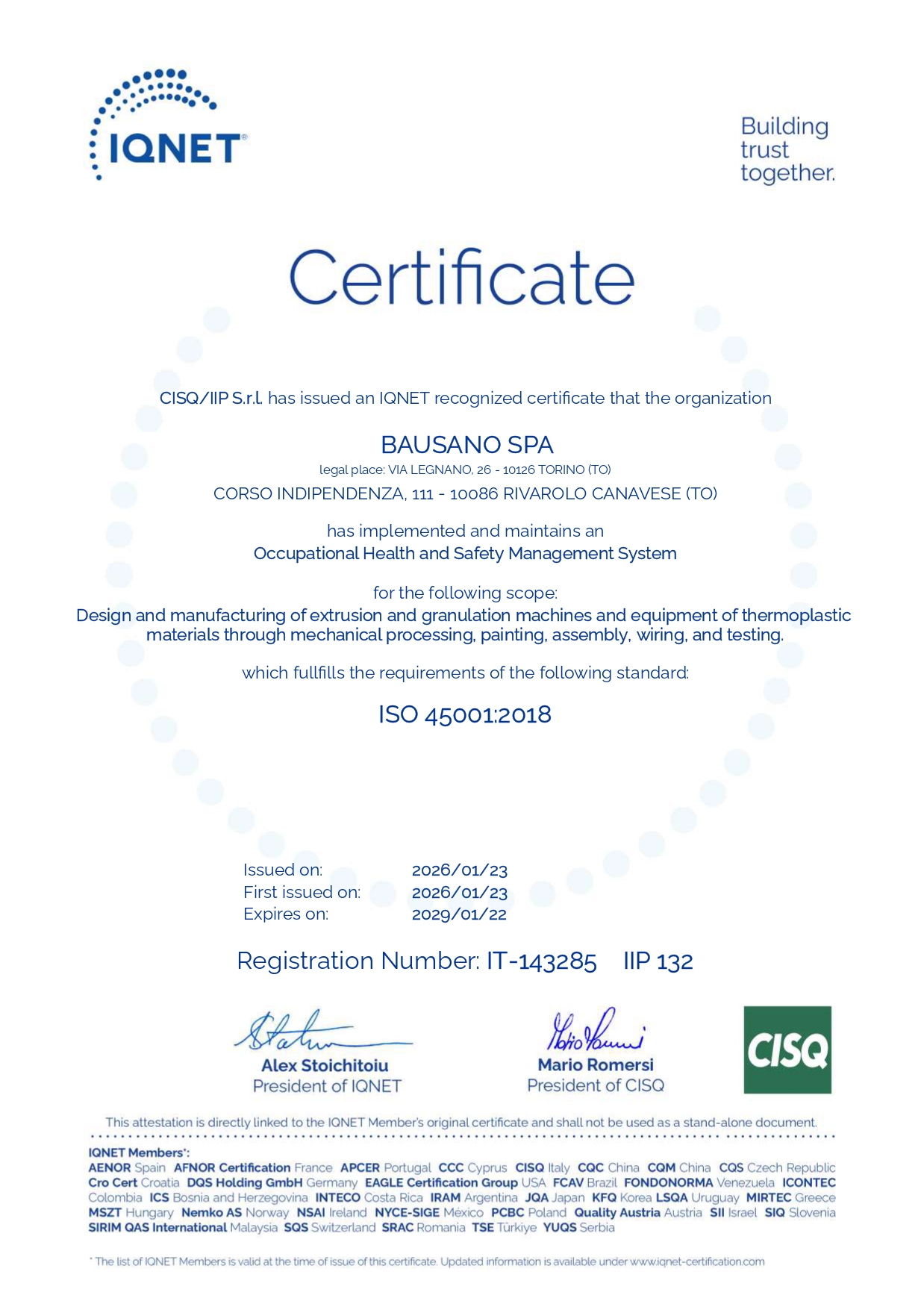 BAUSANO - ISO 45001:2018 (IQNET)