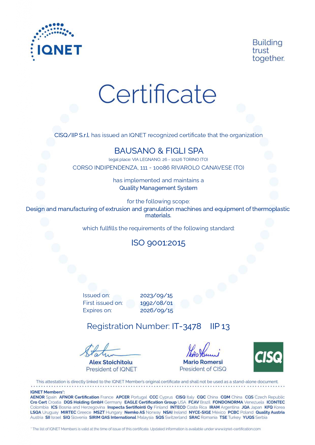 BAUSANO - ISO 9001:2015 (IQNET)