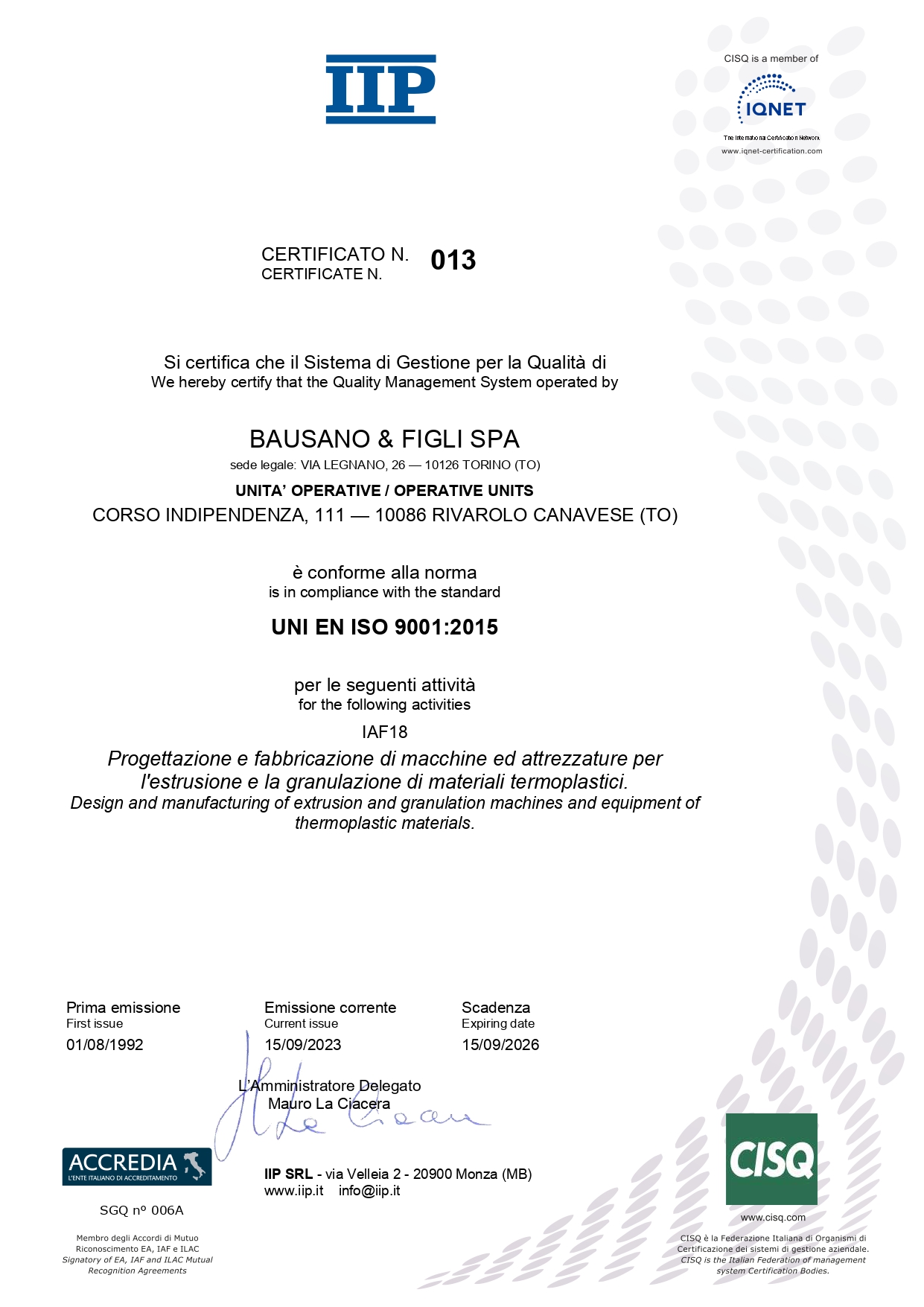 BAUSANO - UNI EN ISO 9001:2015 (IIP)