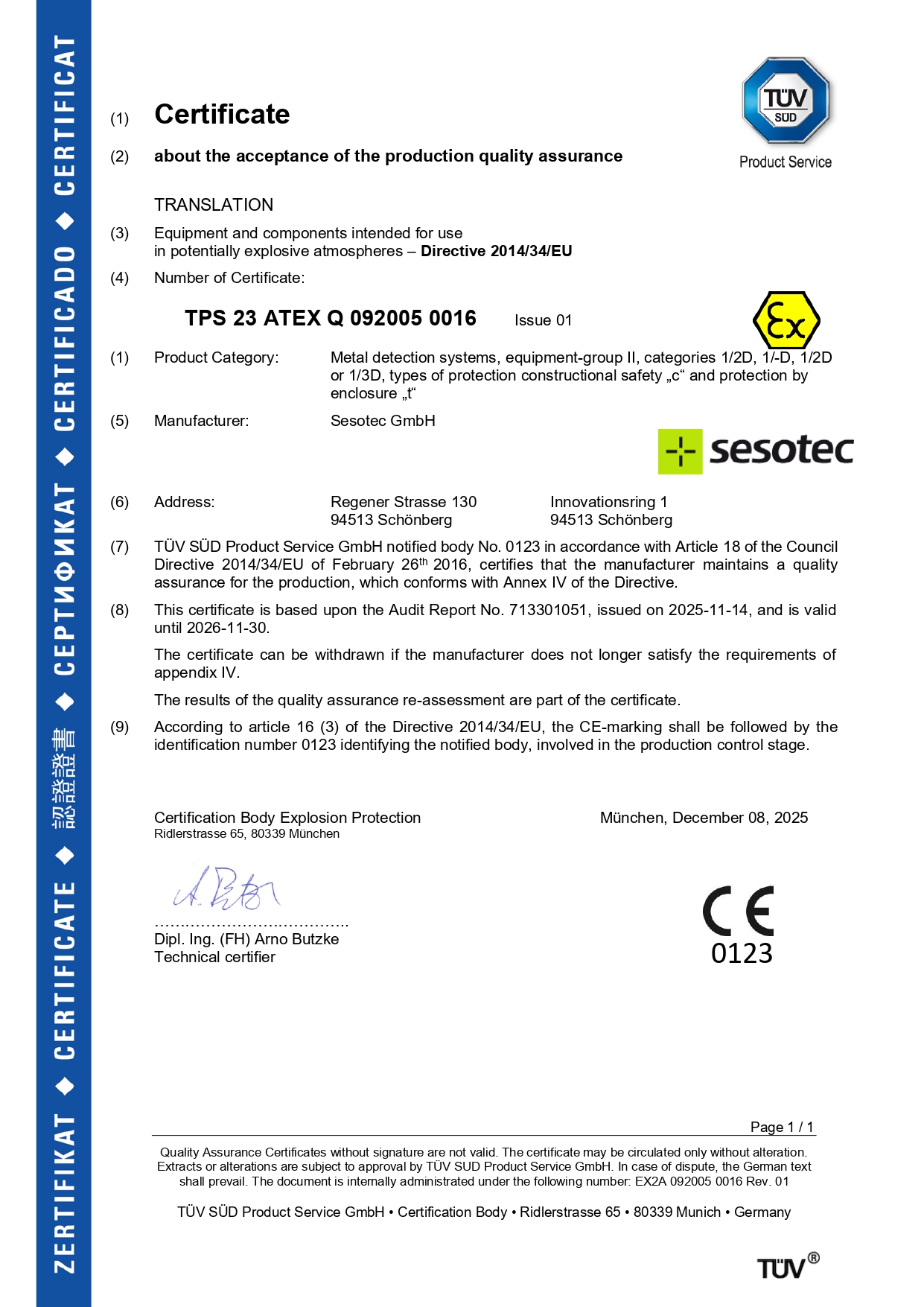 Sesotec ATEX Certificate