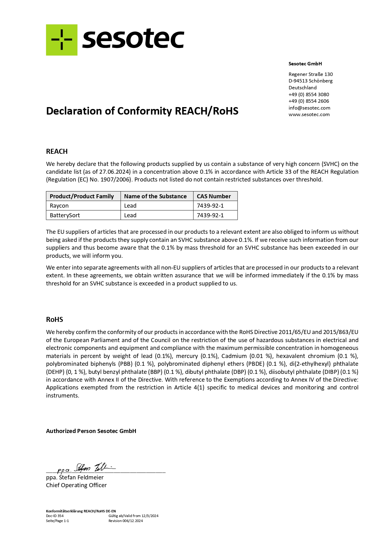 Sesotec Declarations of Conformity & Regulations