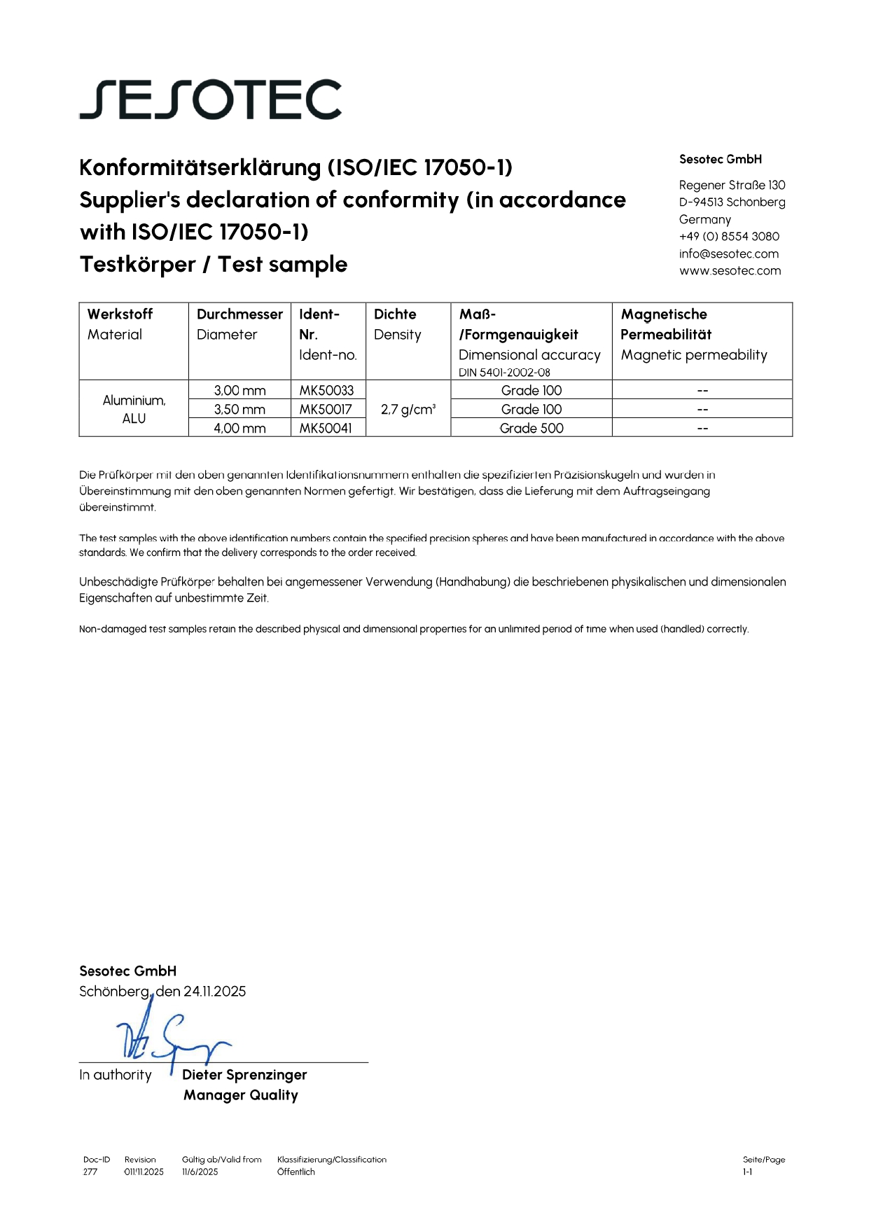 Sesotec MD Aluminium MK Certificate