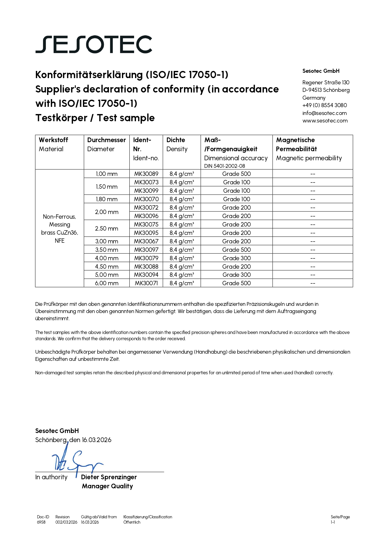 Sesotec MD Non-Ferrous Metal MK Certificate