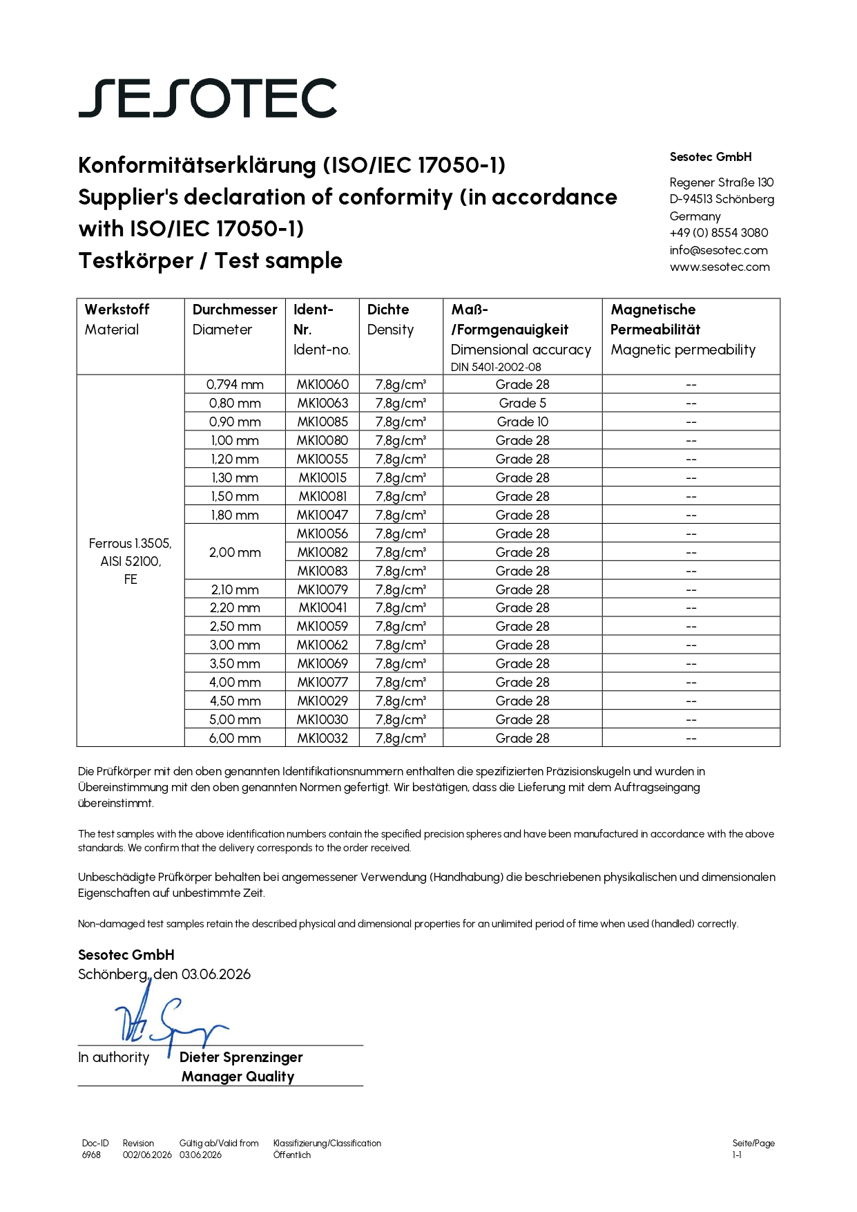 Sesotec MD Ferrous Metal MK Certificate