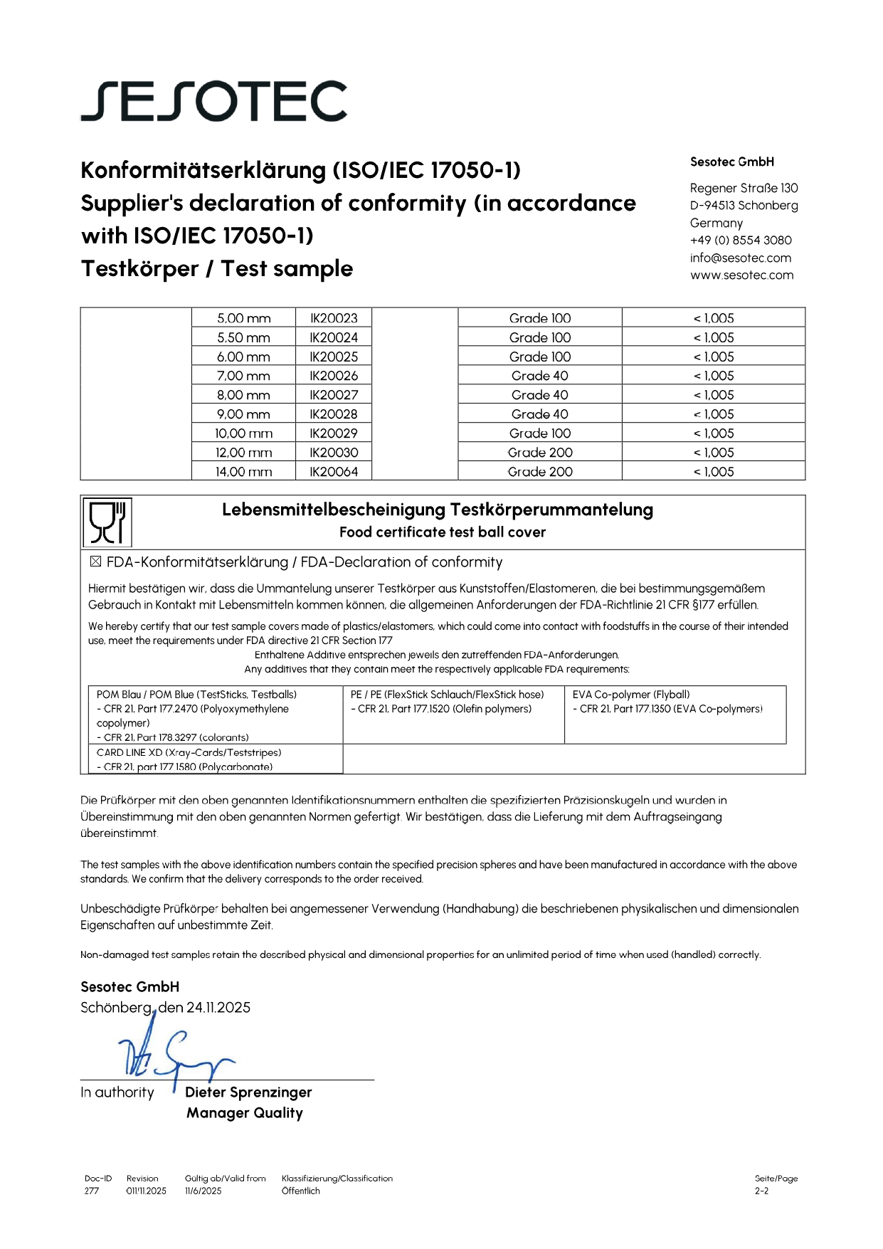 Sesotec MD V2A Stainless Steel IK Strips Certificate