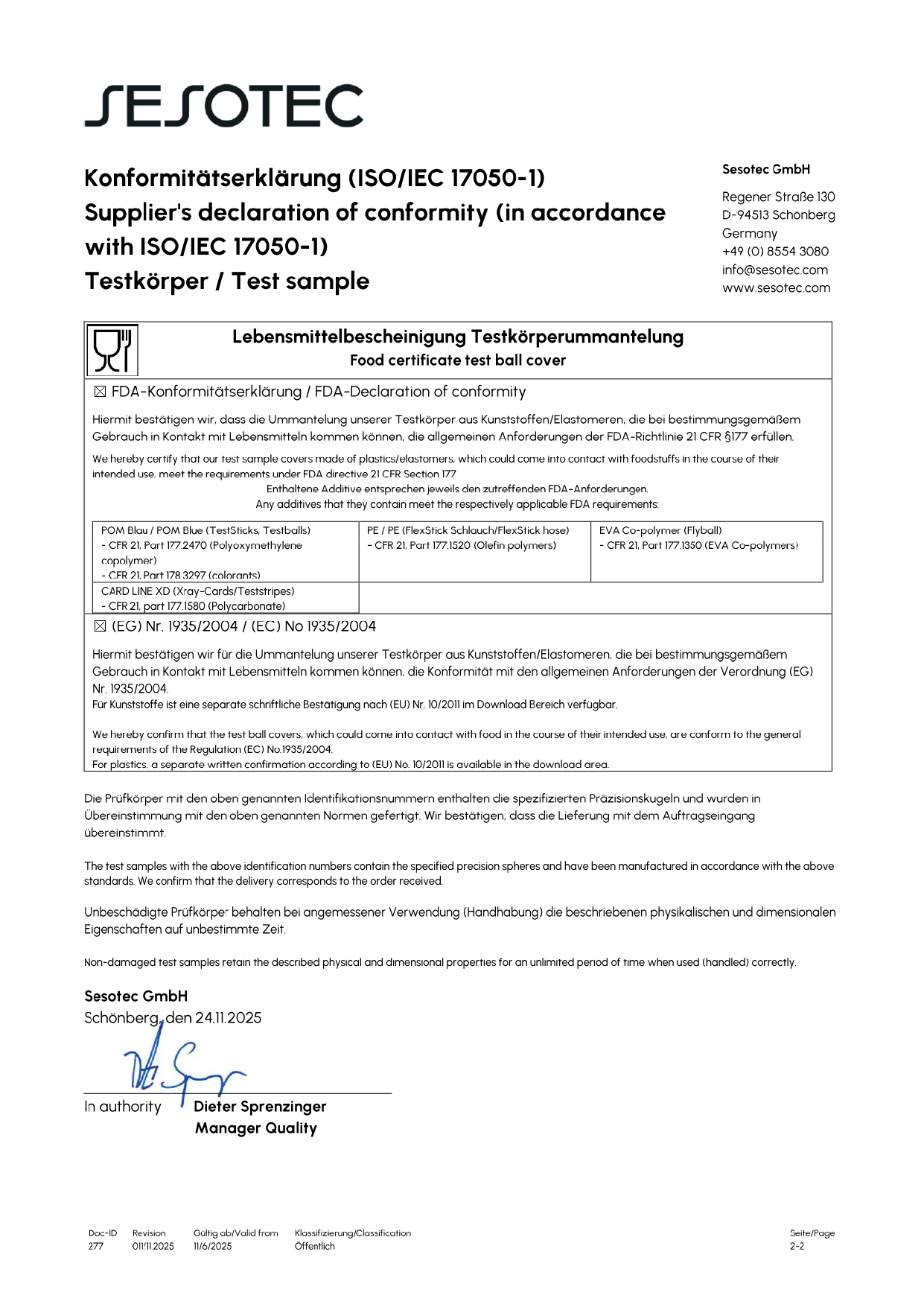 Sesotec MD V4A Stainless Steel IC/IB Certificate