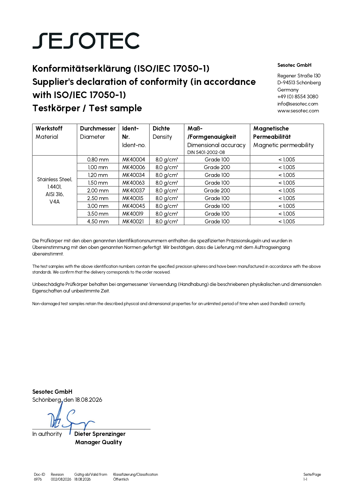 Sesotec MD V4A Stainless Steel MK Certificate