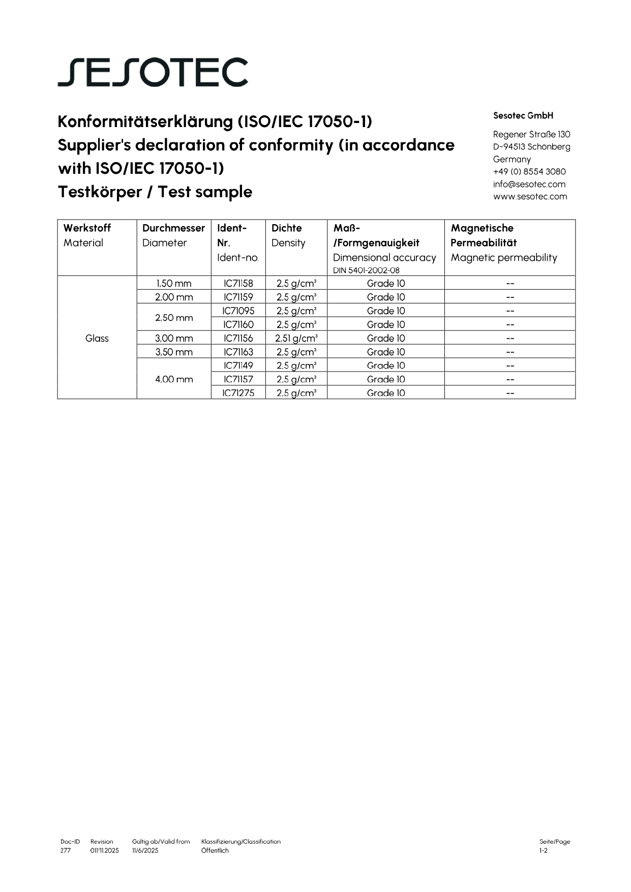 Sesotec X-Ray Glass IC Certificate