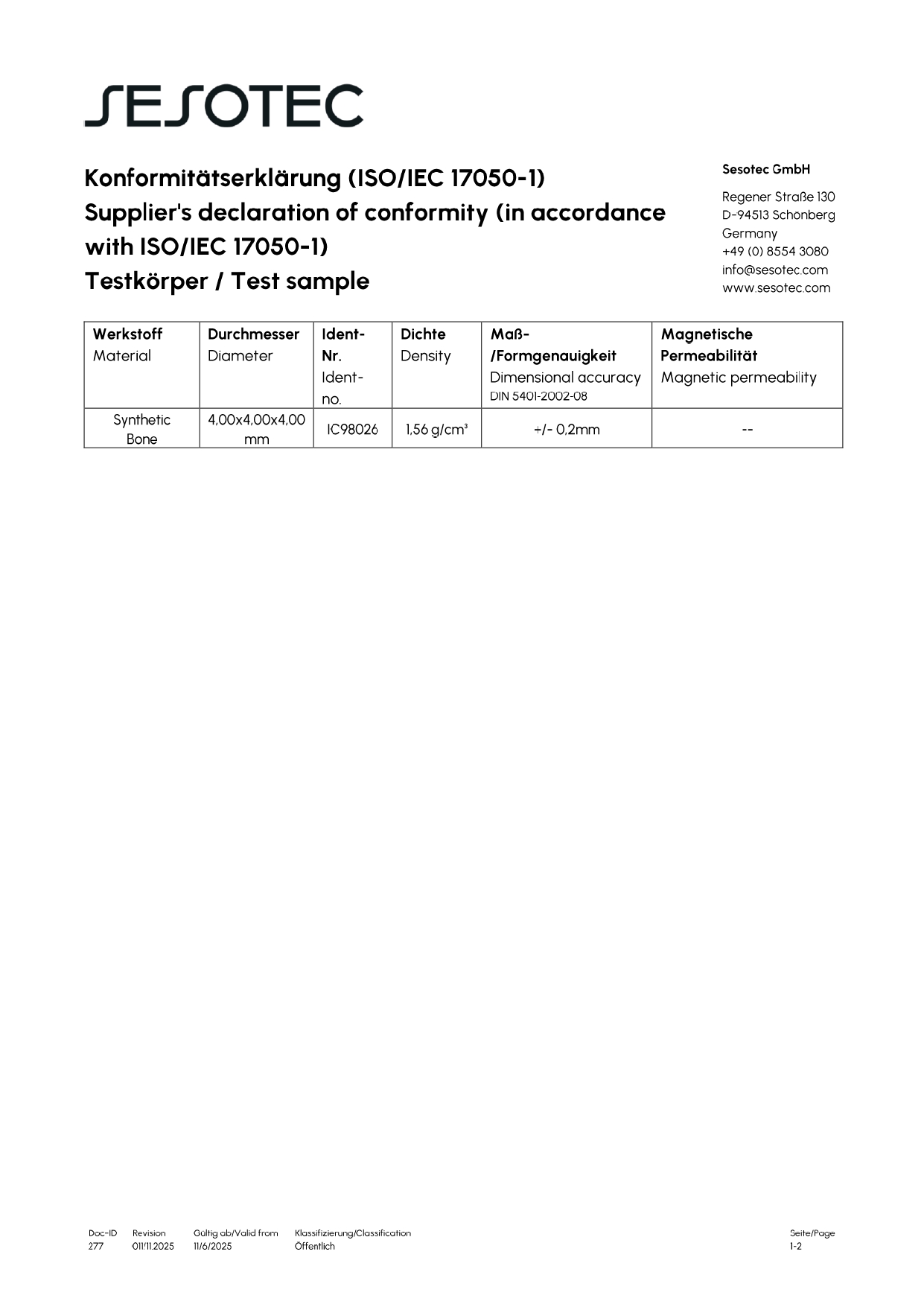 Sesotec X-Ray Bone IC Certificate
