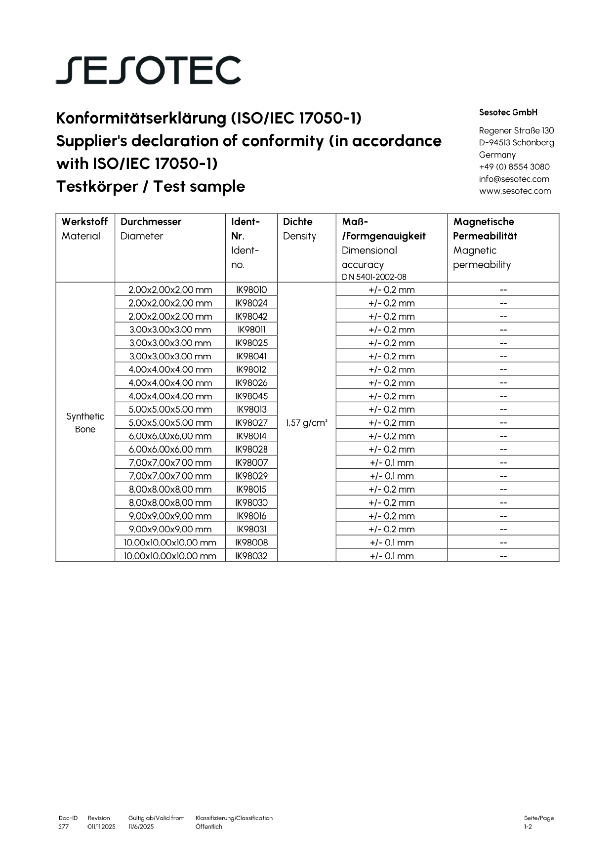 Sesotec X-Ray Bone IK Certificate
